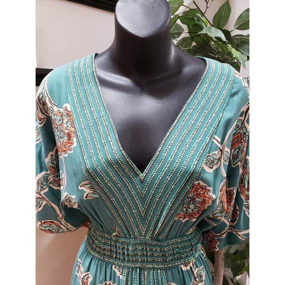 Knox Rose Women's Multi Floral Pleated V Neck Short Sleeve Long Maxi Dress Small - Picture 15 of 16